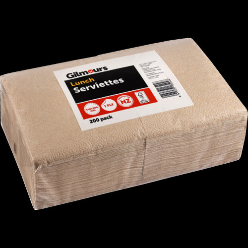 Gilmours 1/4 Fold 1Ply Kraft Lunch Serviettes 300x300mm 200pk