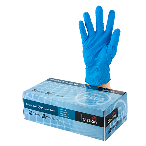 Bastion Nitrile Soft Blue Powder Free X-Large Gloves in a 100 pack, offering comfort, flexibility, and protection for various tasks.