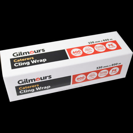 Gilmours Wrap Dispenser Box 330mm 600m, ideal for cling film, foil, and parchment, ensuring efficient food packaging and organization.