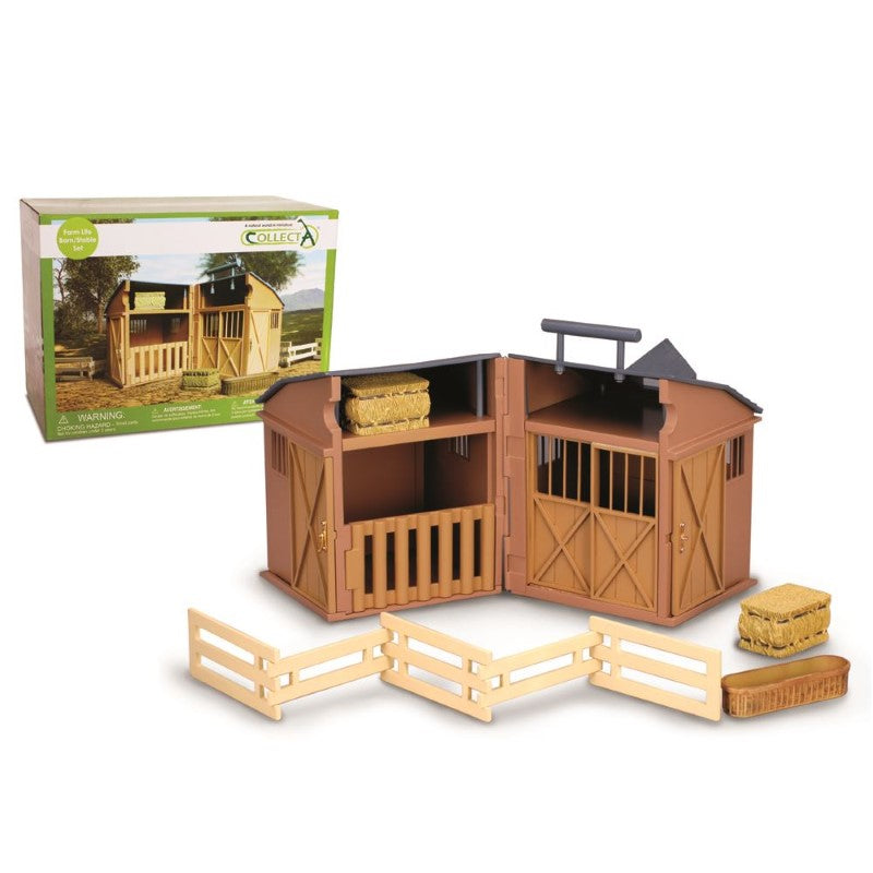 CollectA Stable & Play Set with fold-out design, two stalls, four doors, and loft spaces for imaginative play.