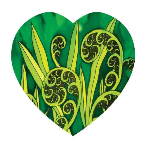 Jo May Kiwiana Ceramic Heart Wall Hanging featuring intricate koru design, cork backing, and elegant hanging cord.
