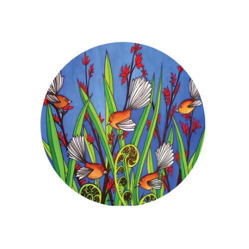 Round ceramic trivet featuring vibrant Fantails, ideal for decor or kitchen use, celebrating New Zealand's native culture.