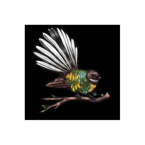 LED canvas featuring a Fantail design, blending art and light for eco-friendly Kiwiana home decor.