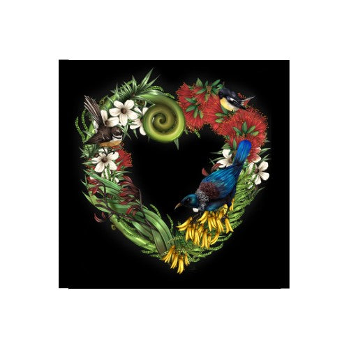 Sophie Blokker Kiwiana LED Canvas featuring vibrant birds and flora in a heart design, perfect for cozy home decor.