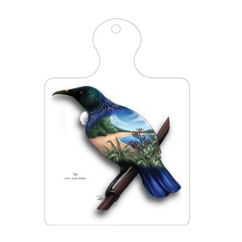 Sophie Blokker Kiwiana ceramic trivet with Tui design, versatile for hot dishes or as a decorative wall hanging.