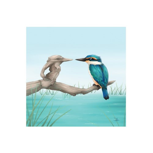 Sophie Blokker Kiwiana ceramic tile with 3D Mirror Kingfisher design, vibrant colors, and cork backing for easy wall display.
