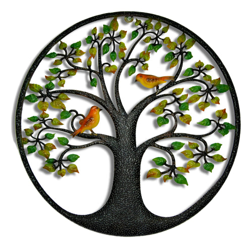 Tree of Life with green leaves and birds - Metal Wall Hanging