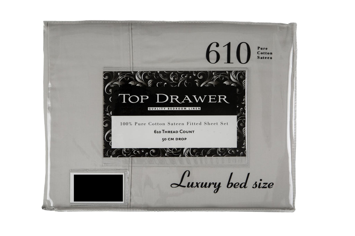 Silver 610TC cotton sheet set with 27cm drop for super king beds, includes flat sheet, fitted sheets, and pillowcases.
