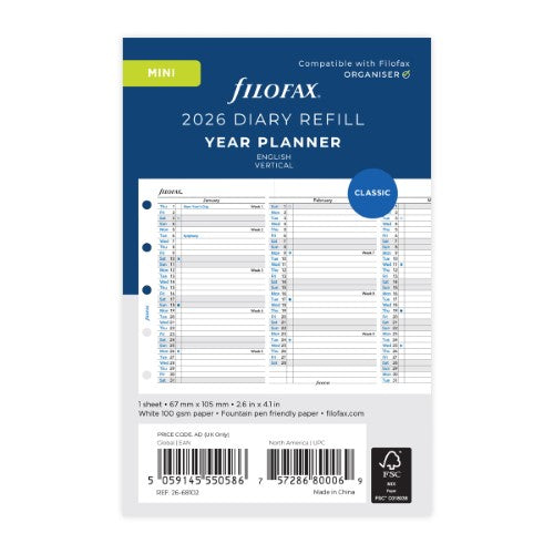 Filofax Refill Classic Year Planner Vertical Mini 2026