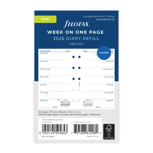 Filofax Refill Classic Week Per Page Mini 2026