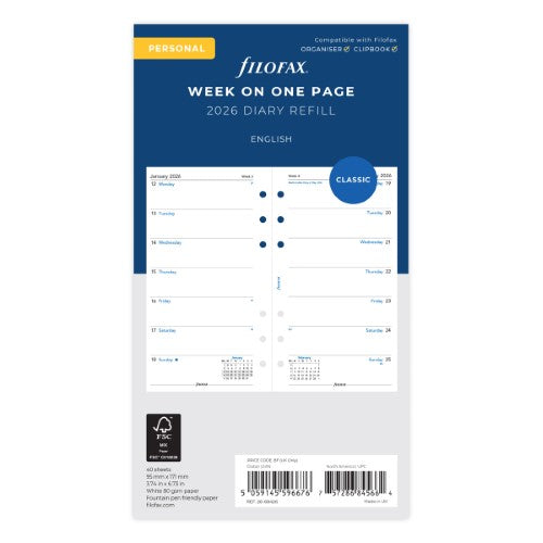 Filofax Refill Classic Week Per Page Personal 2026
