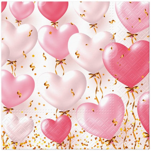 Napkins - PAW HEART BALLOONS ROSE 33 x 33cm (Pack of 20)