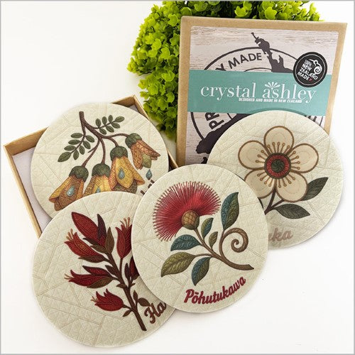 Printed Coasters Set - Quilted NZ Native Florals (9.5 x 9.5 x 0.4cm)