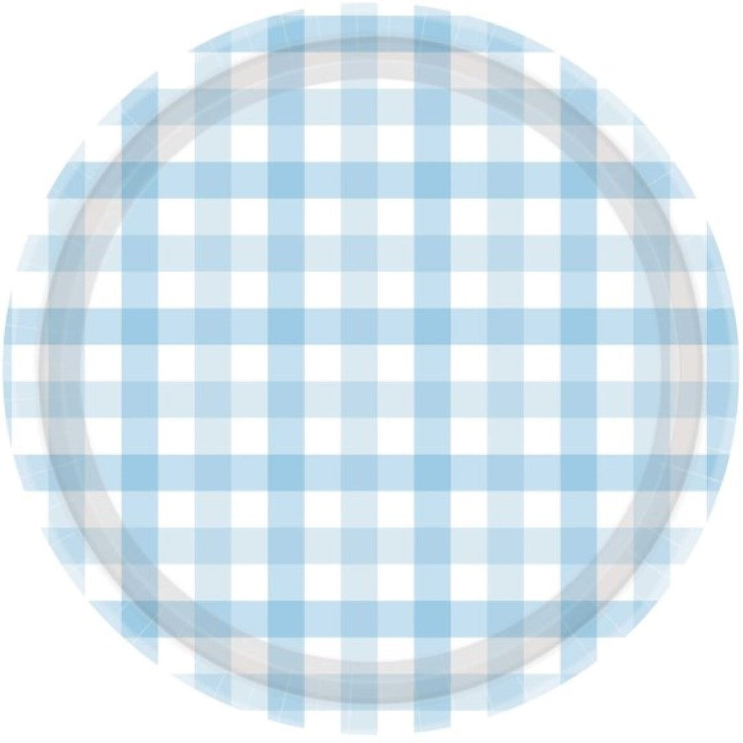 Pastel blue gingham paper plates, 17cm, pack of 8, perfect for stylish appetizers and desserts at any celebration.