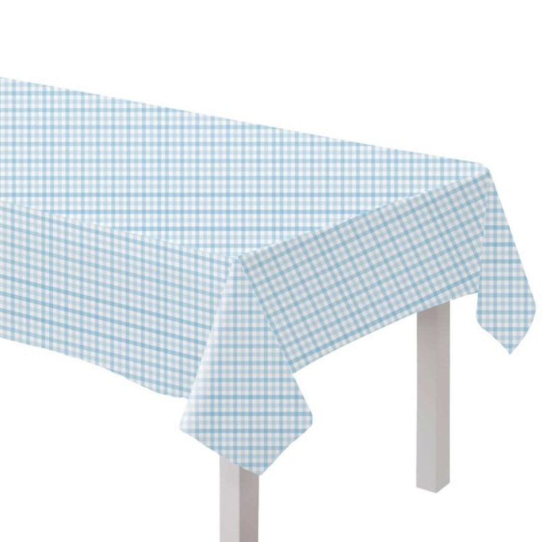 Pastel blue gingham paper tablecover, eco-friendly and perfect for parties, picnics, and elegant gatherings.