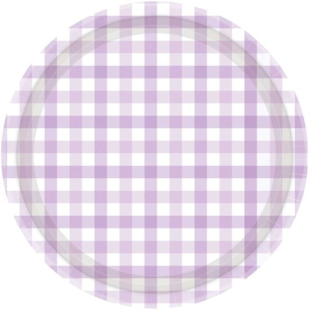 Pastel purple 23cm paper plates with a charming gingham pattern, ideal for parties and eco-friendly dining. Pack of 8.