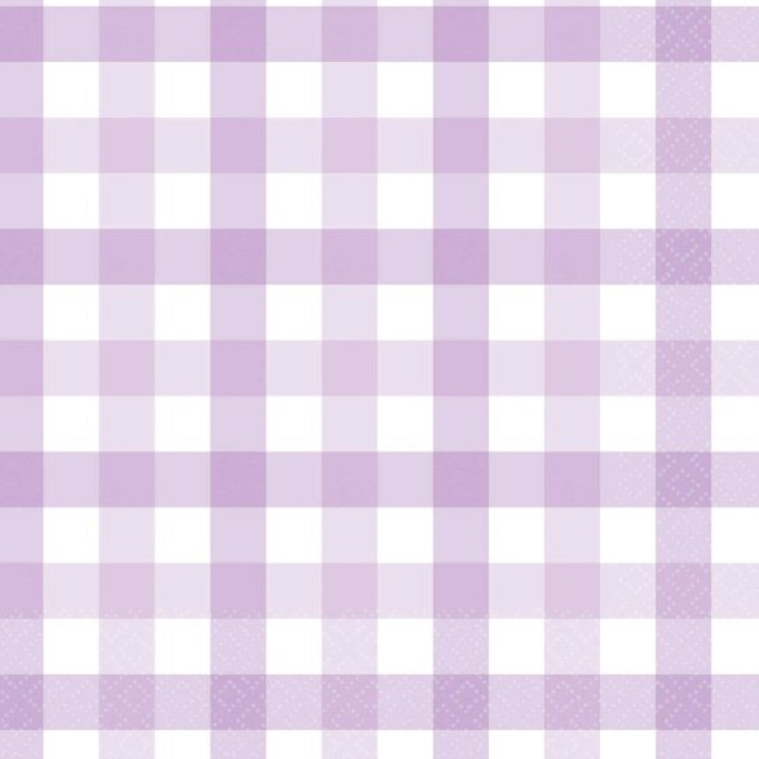 Pastel purple gingham lunch napkins, pack of 16, perfect for stylish picnics and celebrations. Eco-friendly and durable.