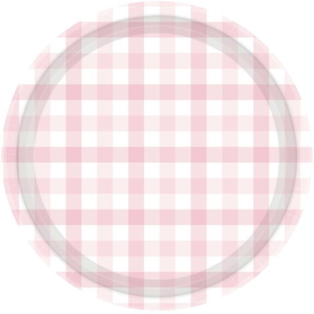 Pastel pink 17cm paper plates with a charming gingham pattern, perfect for parties and eco-friendly celebrations.