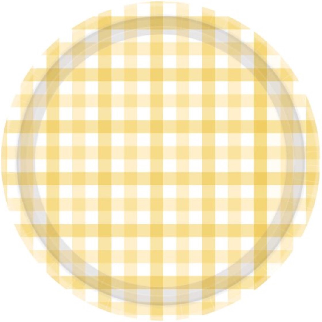 Pastel yellow gingham paper plates, 23cm, pack of 8, eco-friendly, perfect for parties and outdoor gatherings.