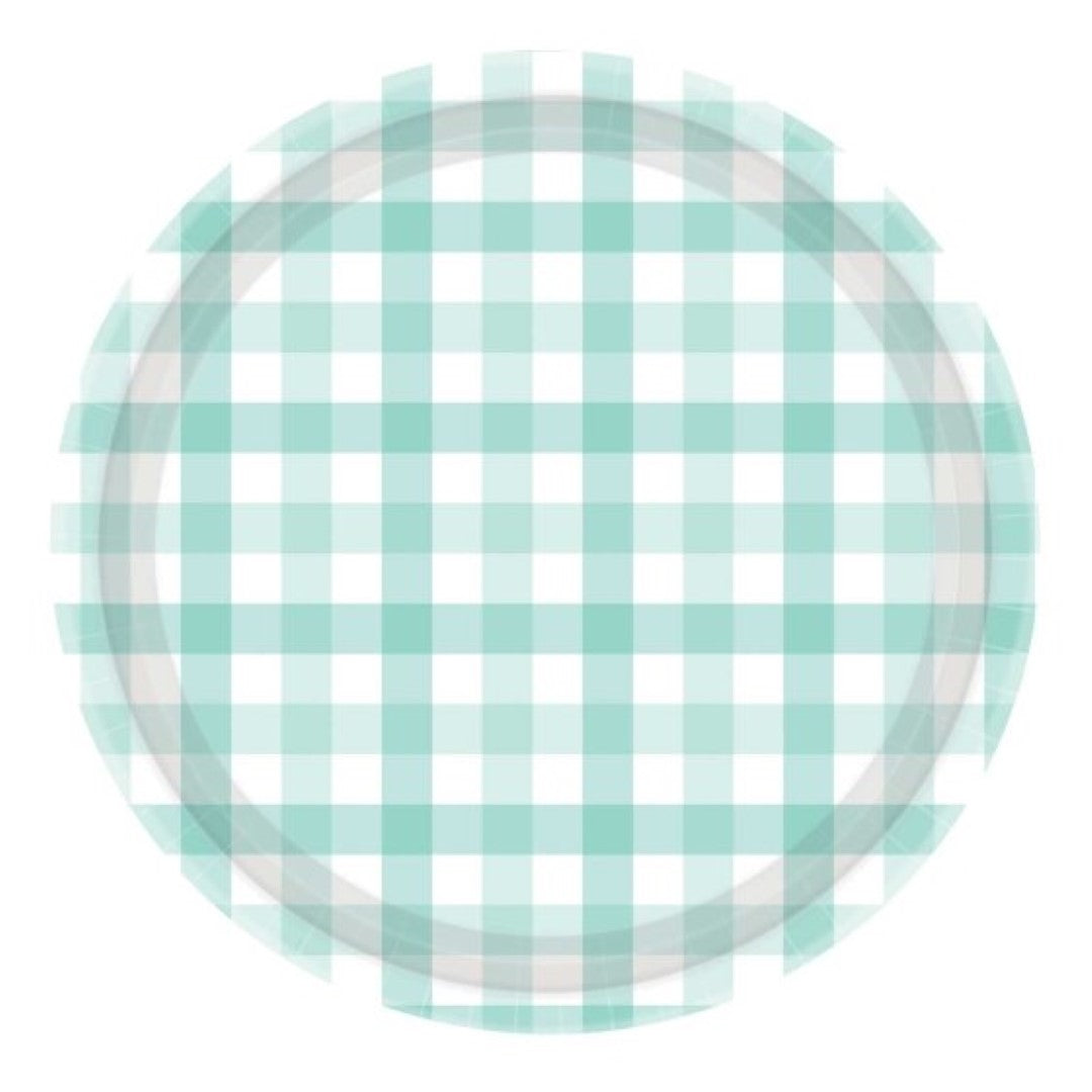 Pastel mint gingham paper plates, 17cm, pack of 8, perfect for stylish parties, picnics, and sustainable events.