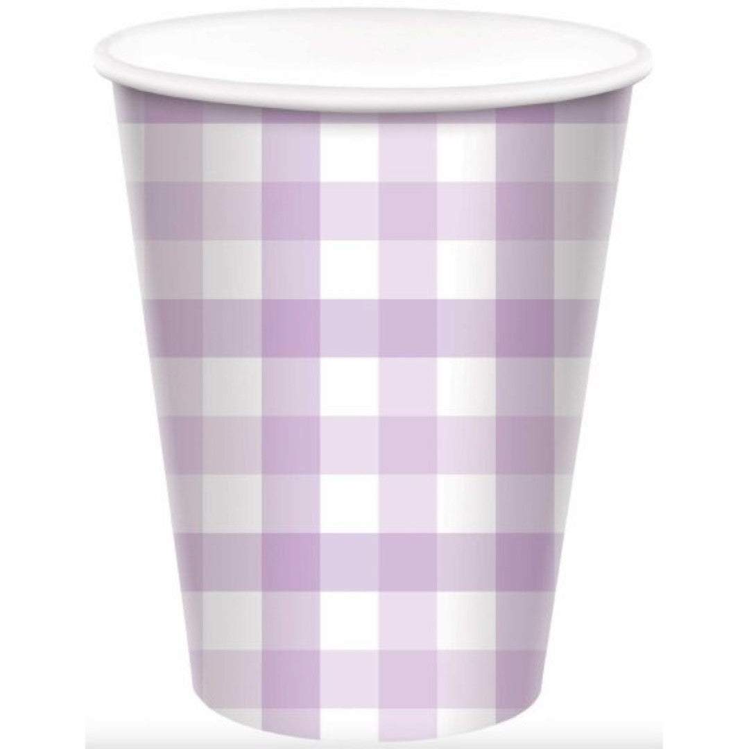 Pastel purple gingham paper cups, 266ml pack of 8, perfect for eco-friendly parties and events.