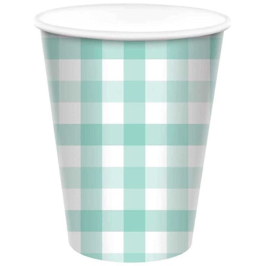 Pastel mint Gingham paper cups, 266ml, pack of 8, perfect for stylish and eco-friendly party serving.