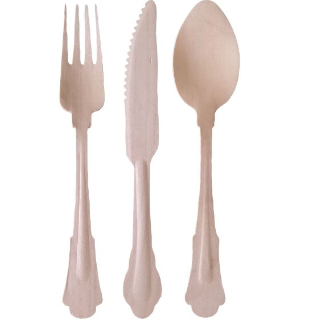 Elegant eco-friendly wooden cutlery set with fan design, perfect for events, weddings, and picnics, pack of 24.