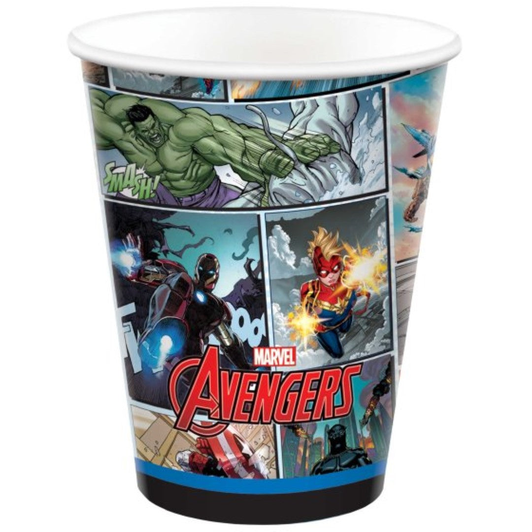Colorful 266ml paper cups featuring Marvel superheroes, perfect for parties and eco-friendly celebrations, pack of 8.
