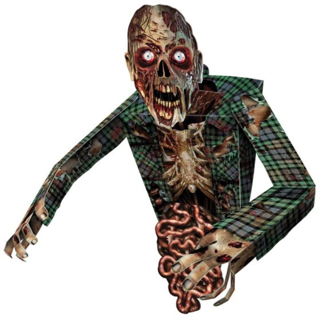 3-D zombie wall decoration, 86cm tall, adds eerie realism to Halloween decor for indoor and outdoor spooky events.
