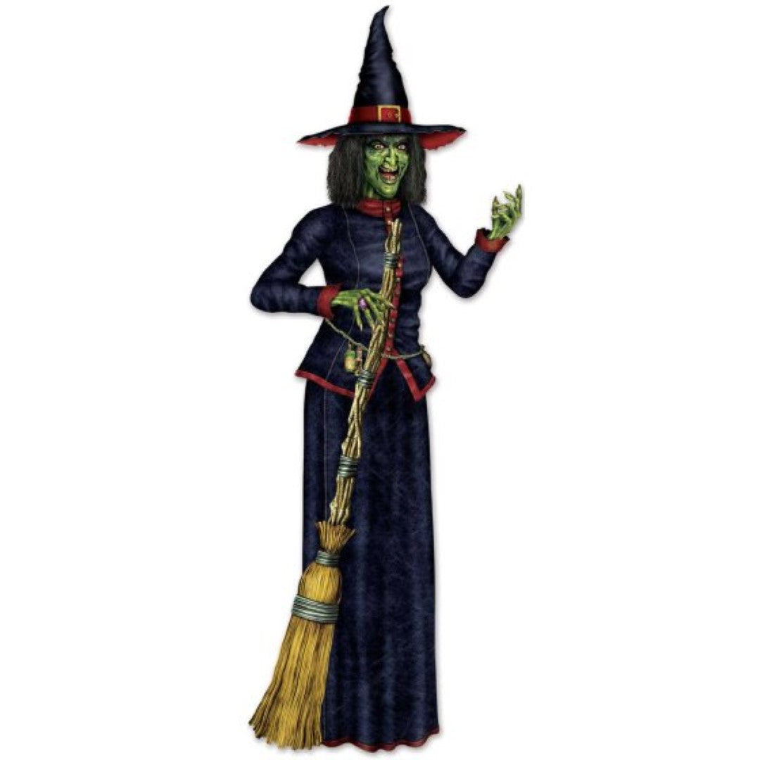 Jointed witch decoration standing 189cm tall, perfect for enhancing Halloween festivities with a spooky, colorful design.