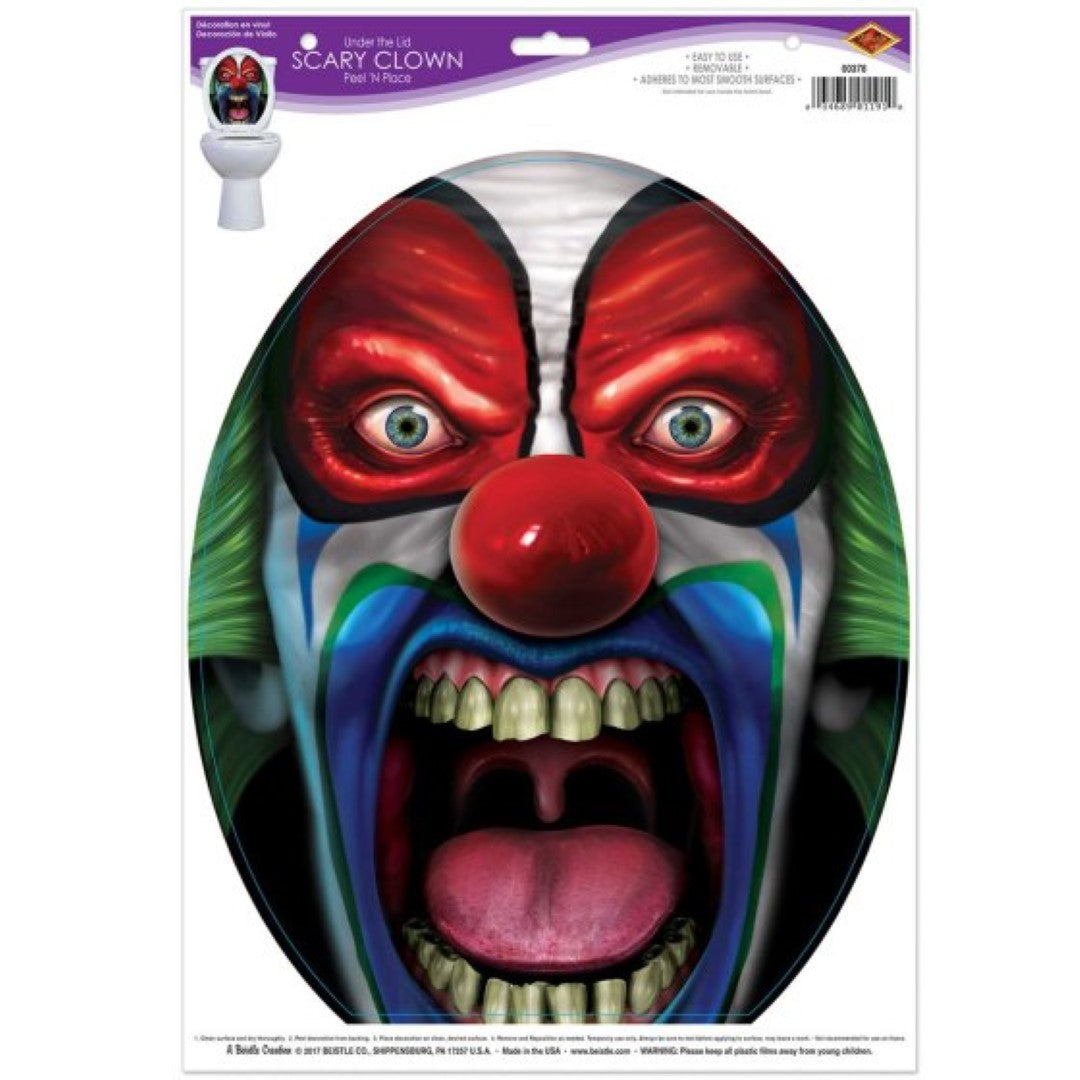 Peel-and-stick scary clown decoration for Halloween, measuring 30cm x 43cm, perfect for creating spooky atmospheres.