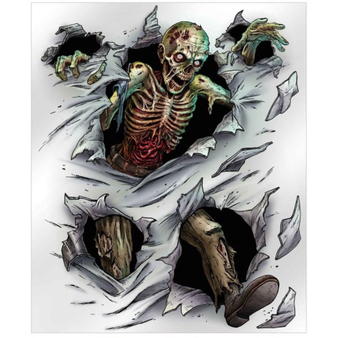 Beistle Zombie Insta-Mural featuring a chilling zombie design, perfect for Halloween decorations and spooky events.