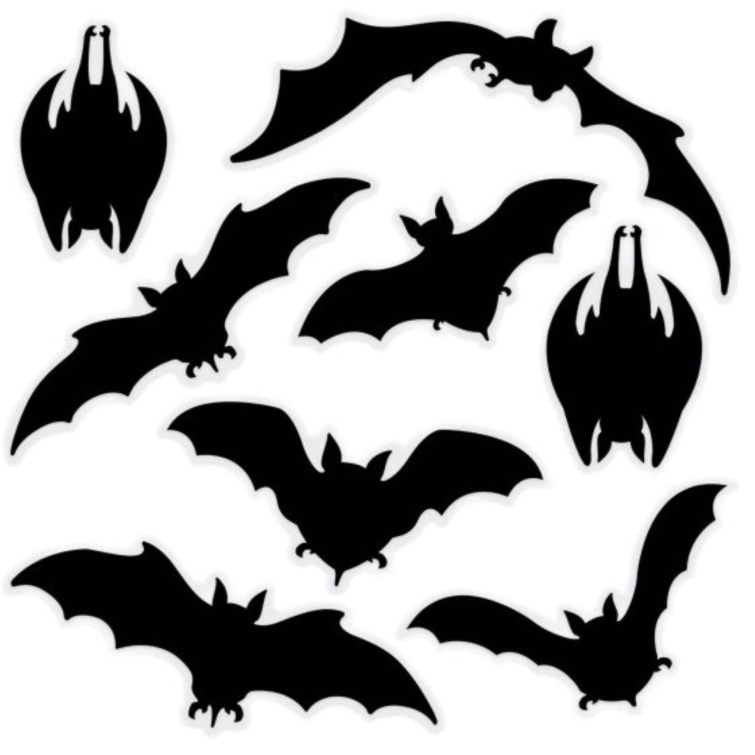 "Pack of 8 Beistle bat silhouette clings for Halloween, perfect for decorating windows and walls with a spooky theme."