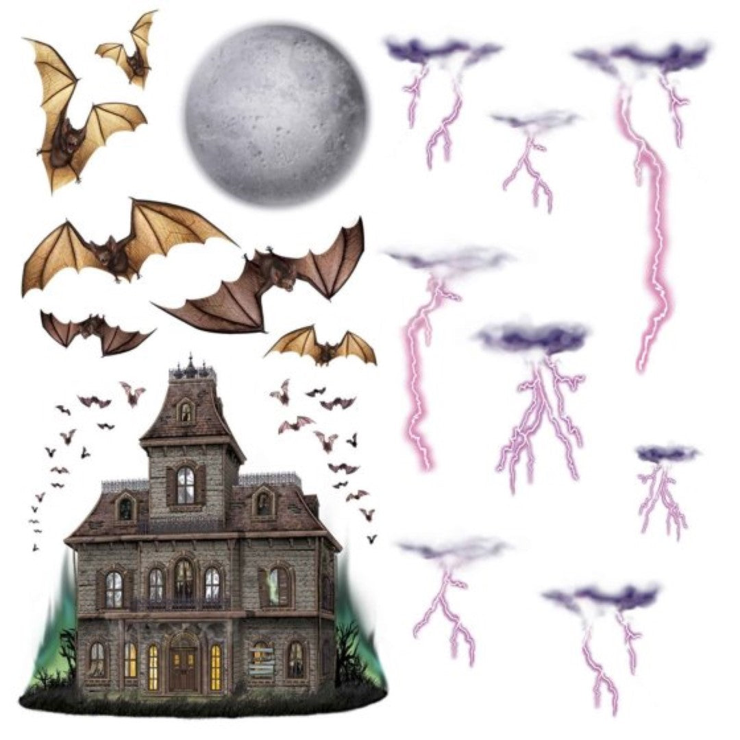 Haunted house and night sky props in various sizes, perfect for Halloween decor; ideal for parties and trick-or-treat setups.