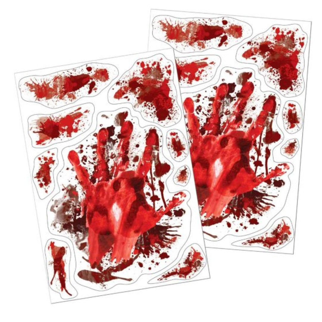 Realistic blood splatter clings for Halloween decor, measuring 30cm x 43cm, ideal for windows and walls. Pack of 2.