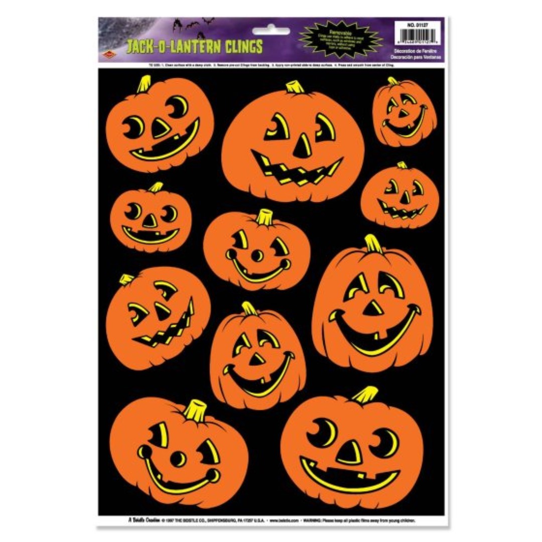 Beistle Jack-O-Lantern clings in a pack of 11, featuring vibrant, removable designs for festive Halloween decor.