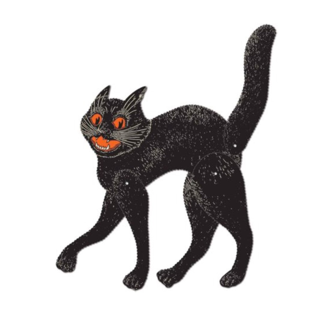 Vintage jointed Halloween cat decoration, 52cm tall, perfect for spooky decor and festive Halloween atmospheres.