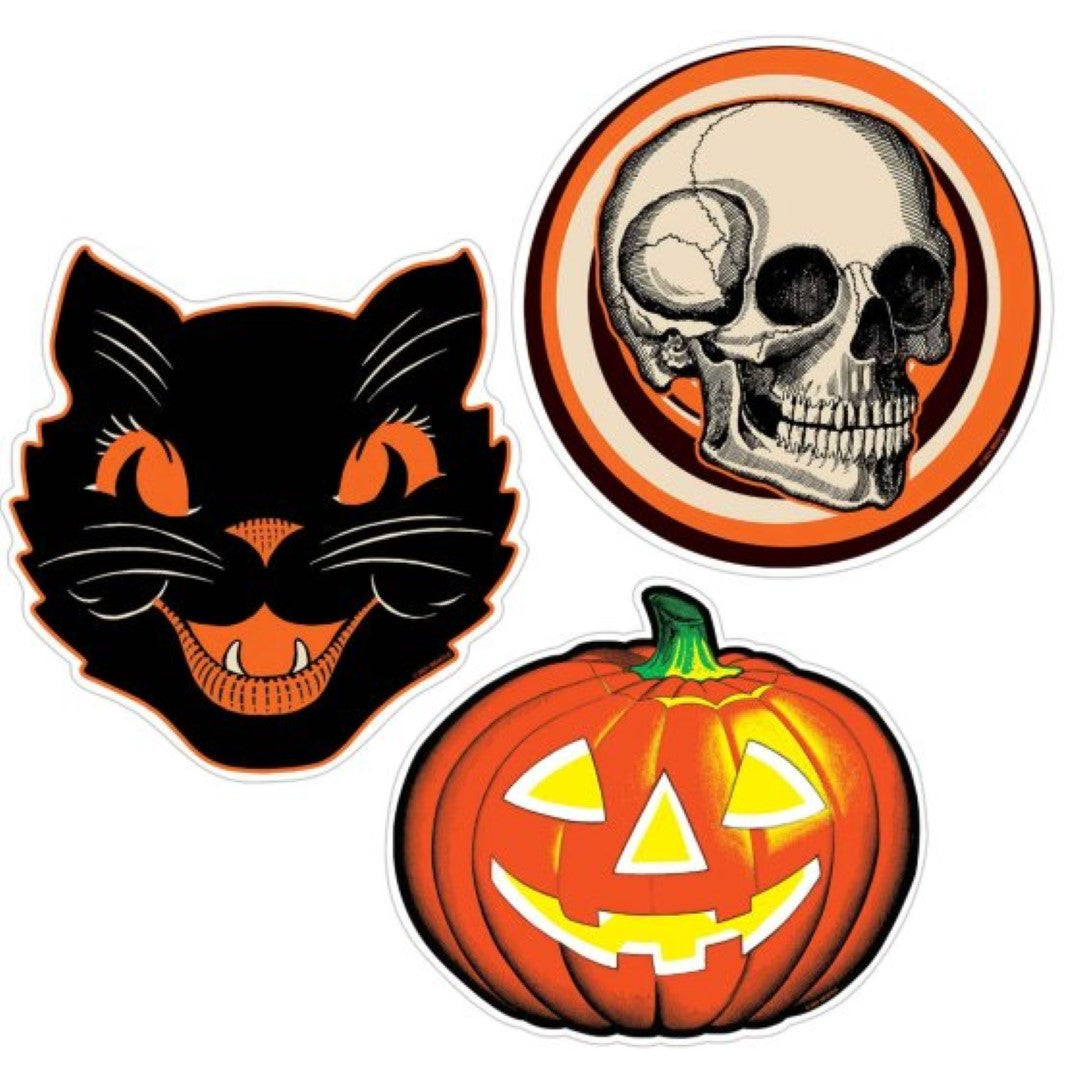 Vintage Halloween cutouts in a pack of 3, featuring classic designs and measuring 25cm to 30cm for festive decor.