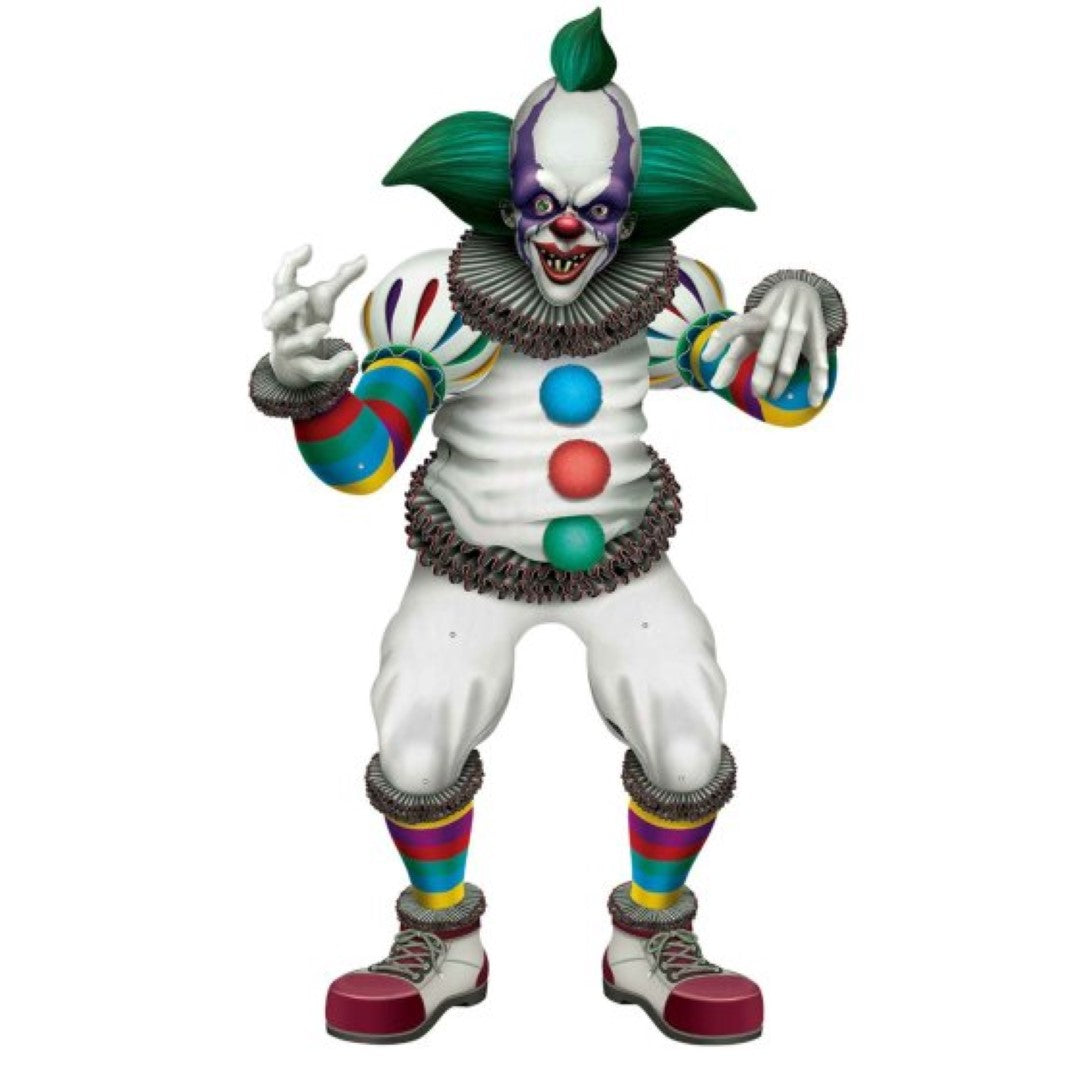 Jointed Creepy Clown decoration, 107 cm tall, features vibrant colors and movable limbs for chilling Halloween displays.