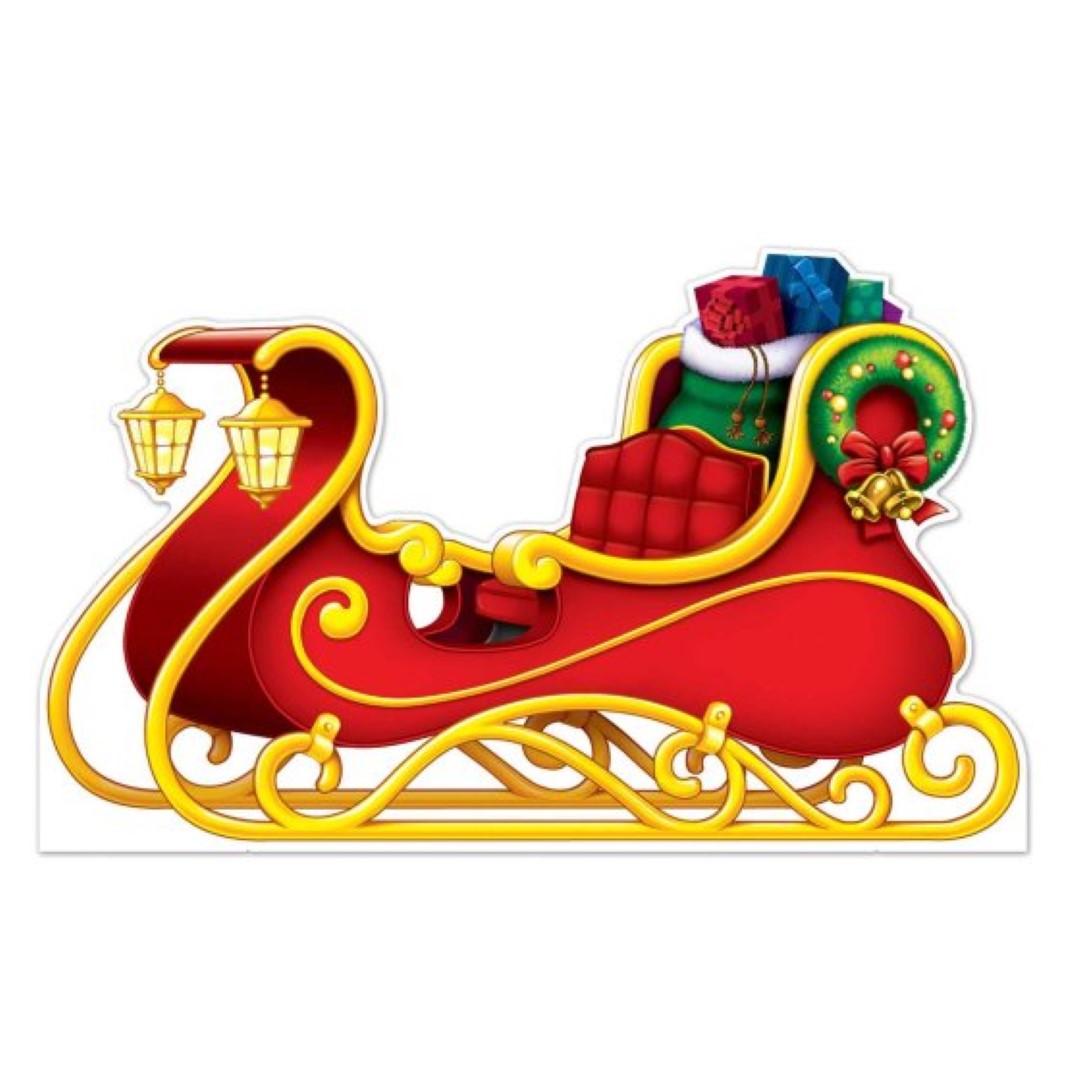A cheerful, large stand-up decoration of Santa's sleigh, perfect for festive holiday decor and photo backdrops.