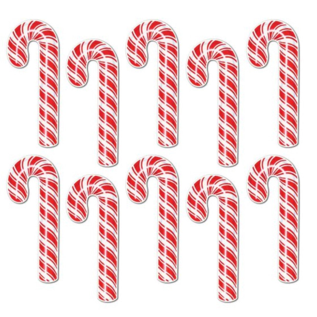 Festive 19 cm Beistle Mini Candy Cane Cutouts, perfect for holiday decor and celebrations, pack of 10.