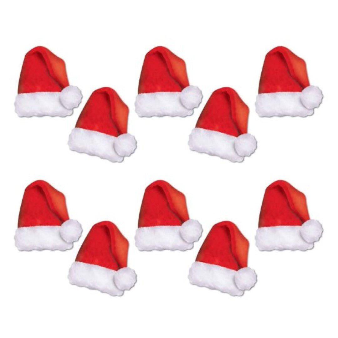 Beistle Mini Santa Hat Cutouts, pack of 10, ideal for festive decor, parties, and craft projects, each measuring 13cm.
