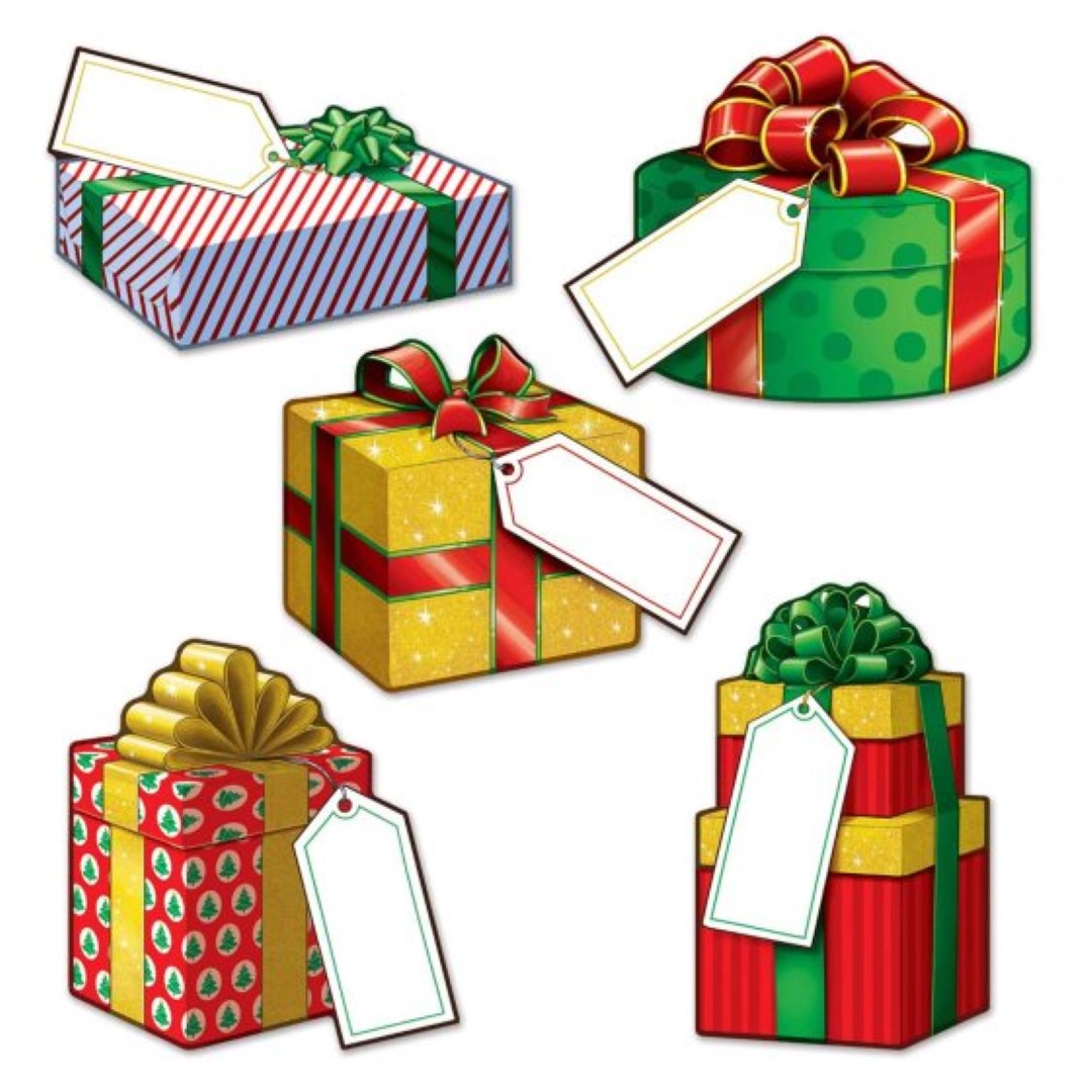 Pack of 10 mini Christmas gift cutouts featuring Santa, trees, and snowflakes for festive decor and holiday crafting.