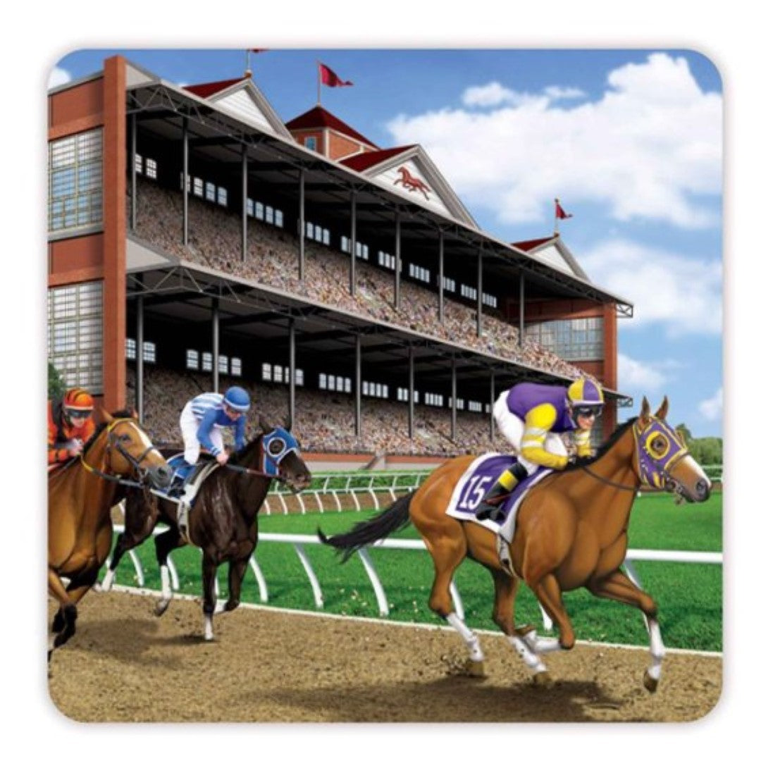 Vibrant pack of 8 horse racing coasters, measuring 8.3cm each, perfect for party decor and surface protection.