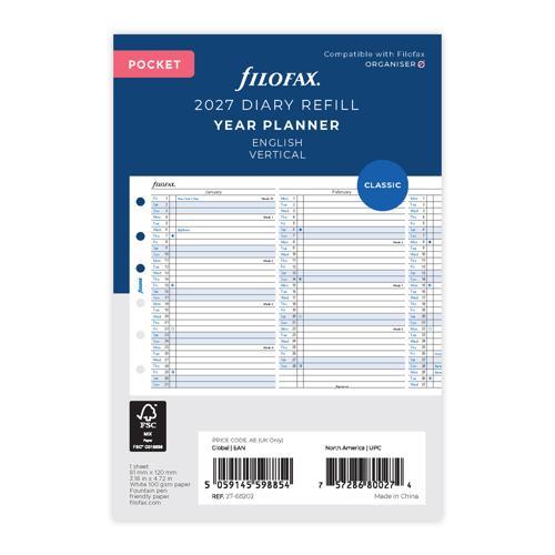 2027 Filofax Year Planner Vertical Pocket Organiser Refill