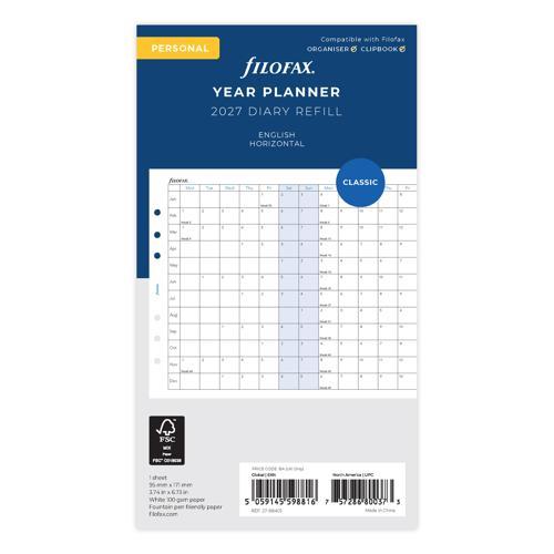 2027 Filofax Year Planner Horizontal Personal Organiser Refill