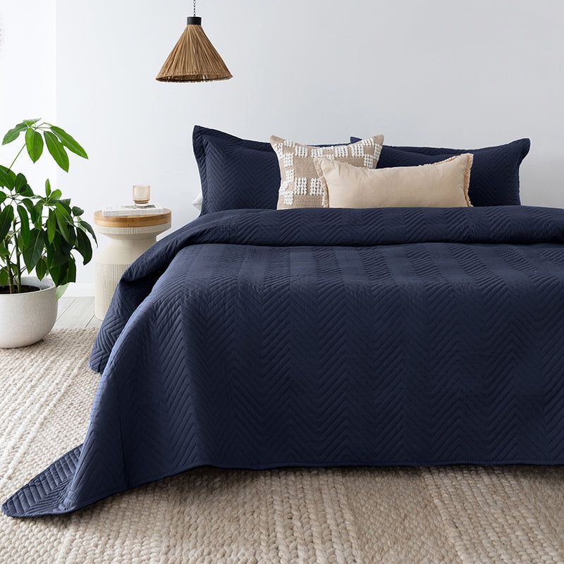 Herringbone Embossed Coverlet Set Navy Queen/King