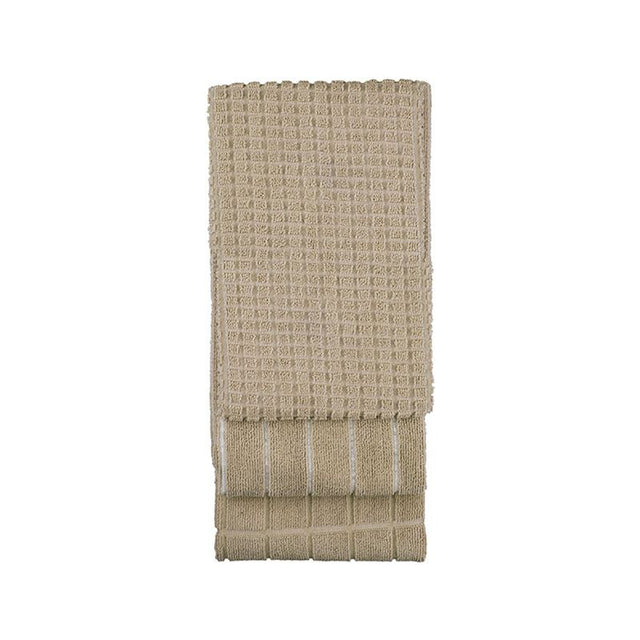 Three stylish microfibre kitchen towels in mocha with stripe, large check, and small check patterns, ideal for cooking and cleaning.