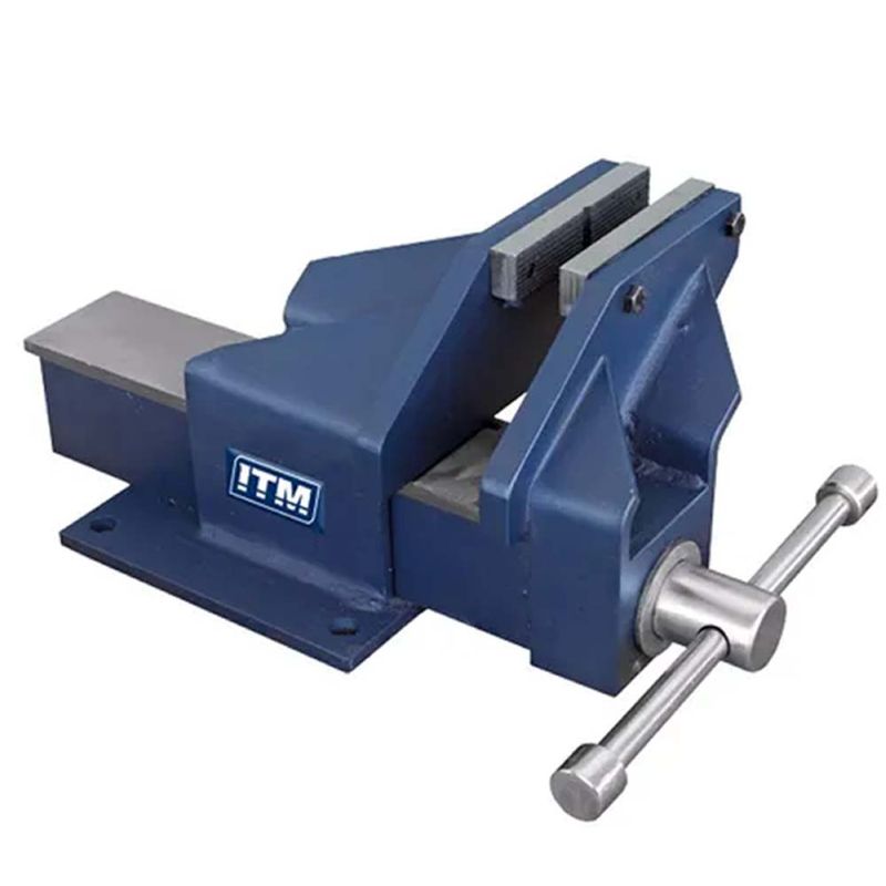 Heavy-duty 200mm steel bench vice with offset jaw, precision machined for superior grip in workshops and DIY projects.