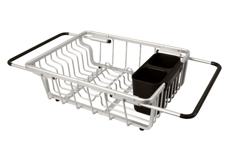 Avanti Expandable In Sink Dish Rack, a stainless steel solution for drying dishes in compact kitchens with expandable handles and cutlery holder.